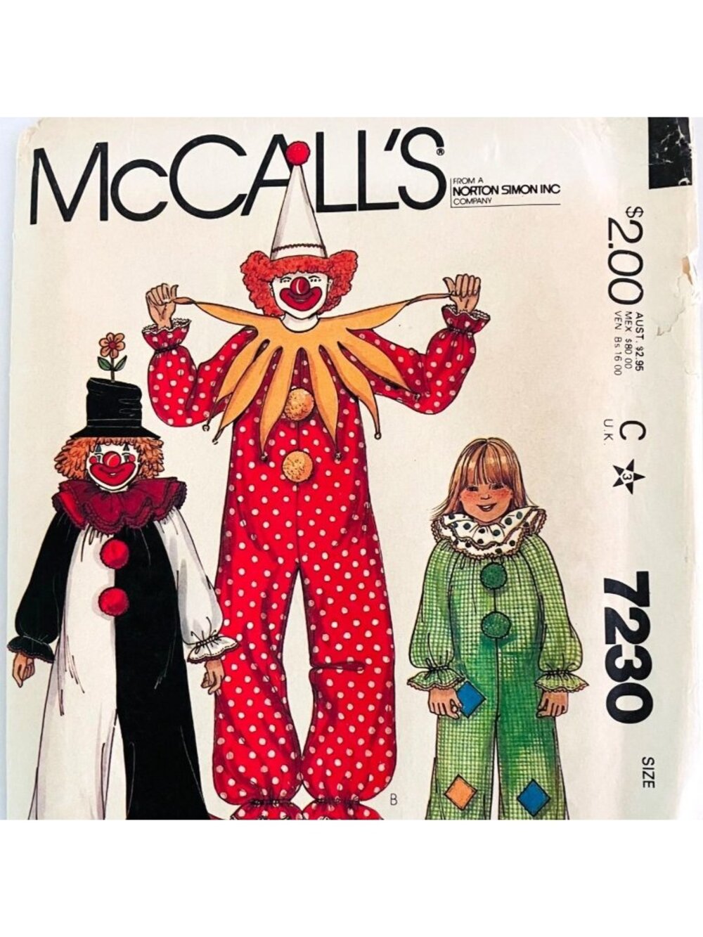 80s McCalls 7230 Childs Clown Costume Sewing Pattern Size 2-4 Uncut FF